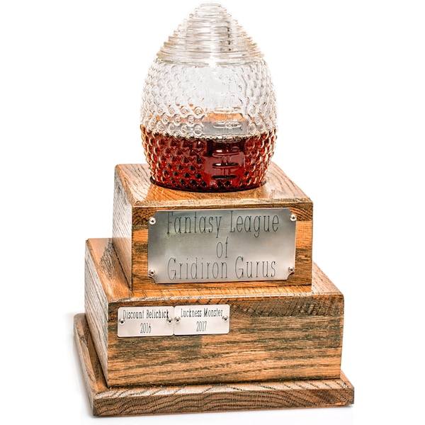 Perpetual Fantasy Football Trophy Decanter - Pass Along League Champion Trophy - 32 Years of Winners