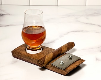 Cigar Holder & Glass Coaster - Made in Kentucky - Bourbon Whiskey Barware, Made from Real Barrel Stave - Reclaimed Barrel Cigar Rest