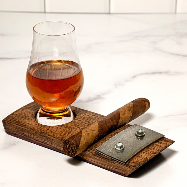 Cigar Rest & Whiskey Glass Coaster - Made in USA - Cigar Holder, Bourbon Barrel Stave Barware, Made from Authentic Stave - Reclaimed Barrel