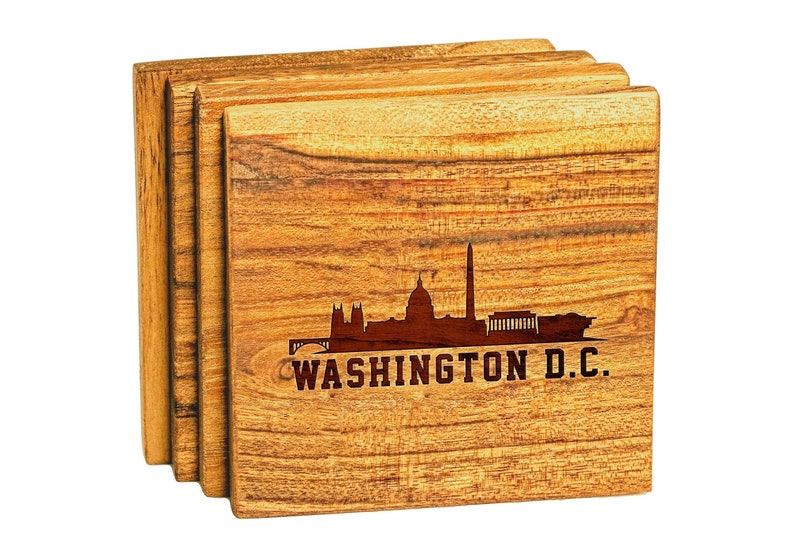 PrestigeDecanters Washington DC Skyline Engraved Wooden Coaster
