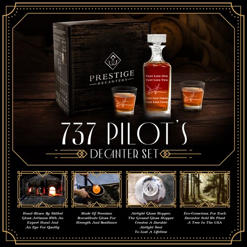 737 Commercial Airplane Pilot Decanter Set - Promotion, Graduation, Retirement shops Gift - Unique Present for Airline Pilot - Milestone or Event