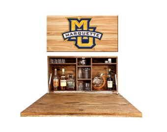 study table on wall Murphy Bar Cabinet With Engraved Marquette University Logo – Wall-Mounted Mini Bar With Pull-Down Tabletop – Solid Oak Wood