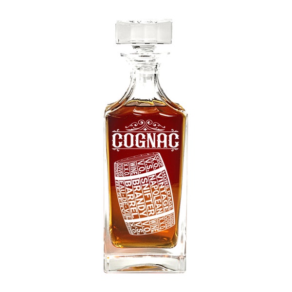 Cognac Decanter - Engraved Decanter w/ Cognac Theme Design - Unique Decanter w/ Brandy Themed Words in Barrel - Gift for Cognac Enthusiast