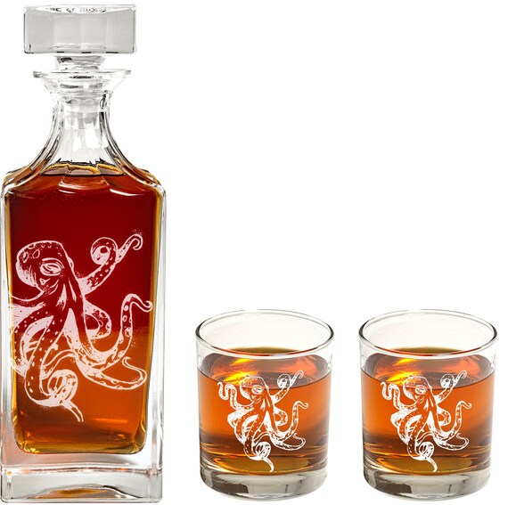Engraved Octopus Decanter Set Unique Octopus Gift Bourbon Etsy