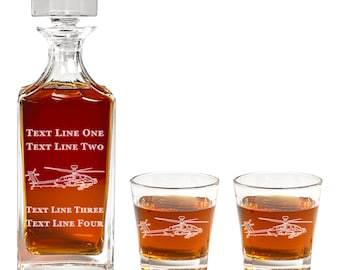 Apache Helicopter Decanter Set - Military Pilot Aviation Gift - Army Helicopter Barware Decor - Promotion, Retirement, Personalized Gift