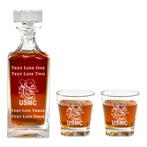 USMC Bulldog Decanter Set - Personalized Marine Corps Present - Retirement, Promotion Gift for US Marine - Engraved Barware, Retired Veteran