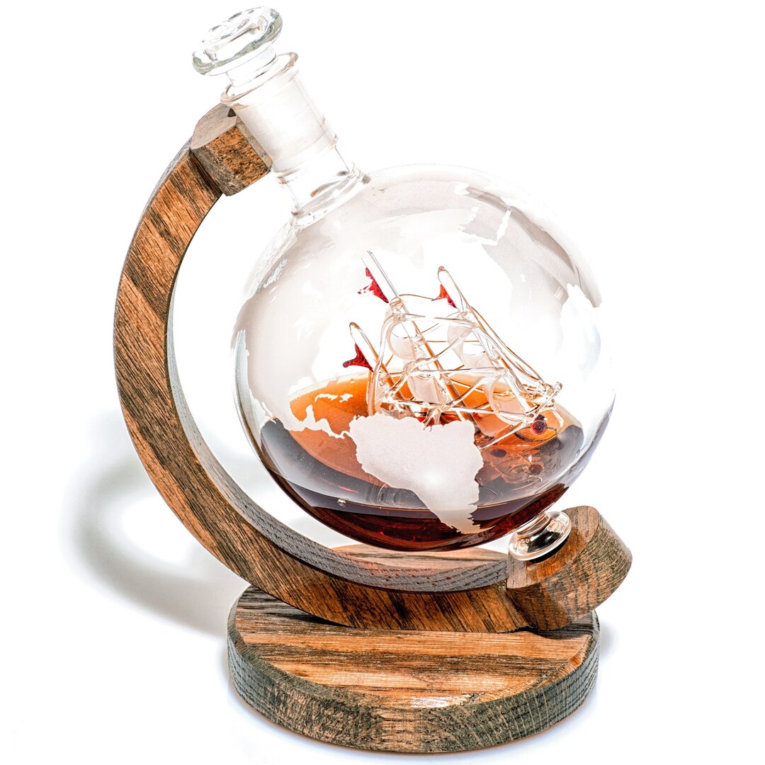 Etched Globe Decanter Sailboat, Ship in a Bottle Whiskey Glass Nautical ...