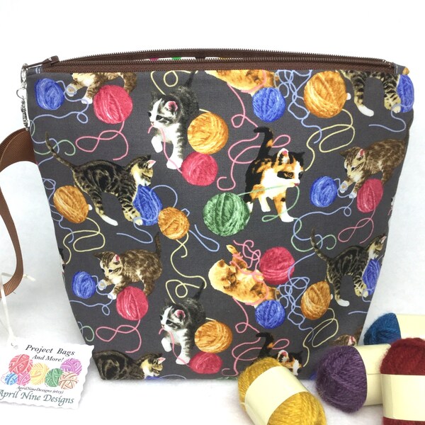 Cats and Yarn Knitting Bag, Knitting Project Bag,  Crochet Project Bag,  Small Project Bag, Craft Bag, Knitting Accessories, Yarn Bag