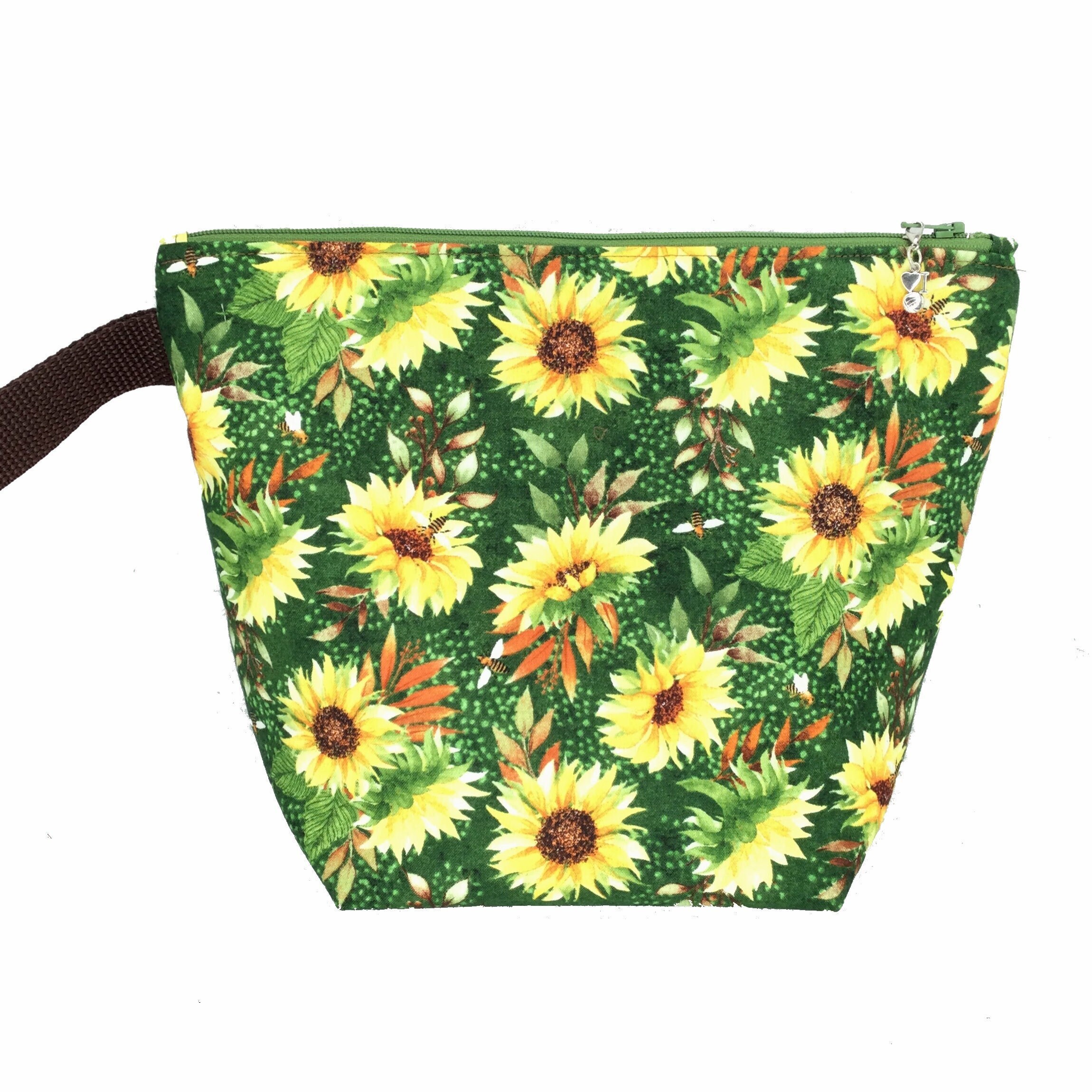 Sunflower & Bees Knitting Project Bag: Crochet Tote with Pocket