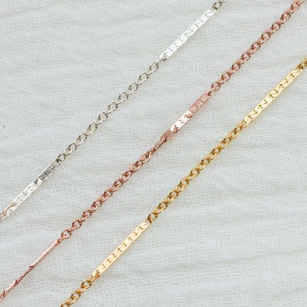 1mm dapped bar chain, 14k gold filled, sterling silver, 14k rose gold filled, permanent jewelry footage bulk wholesale chain, G18 S18 R18