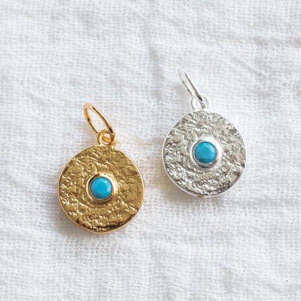 Turquoise nano gem antiqued disc charm, turquoise charm for jewelry, .925 sterling nano gem pendant, 18k gold plated nano gem pendant, CH82