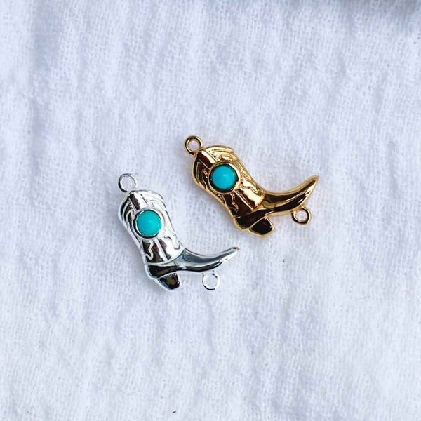 Cowgirl boot genuine turquoise connector charm, sterling silver, gold plated, cowboy boot connector, western, permanent jewelry, CN151