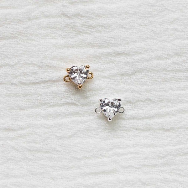 Cubic zirconia heart connector, sterling silver, 18k gold plated, bulk connectors, bracelet connector charm, permanent jewelry, CN85
