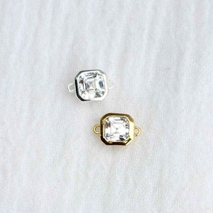 Octagon assher cut cubic zirconia connector charm, sterling silver, gold plated, permanent jewelry connector, bulk wholesale, CN126