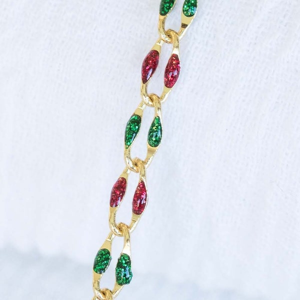 Christmas glitter red and glitter green enamel chain, traditional Christmas colors, permanent jewelry bulk enamel chain, footage chain GP136