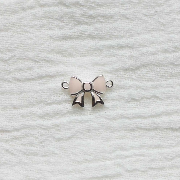 Blush pink enamel bow connector, sterling silver, 18k gold plated, bulk connectors, bracelet connector charm, permanent jewelry, CN82