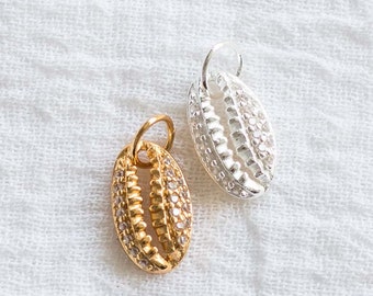 Pave cowrie shell charm, all white cubic zirconia, .925 sterling shell pendant, 18k gold plated shell pendant, CH81