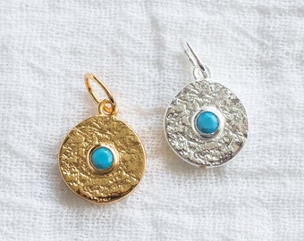Turquoise nano gem antiqued disc charm, turquoise charm for jewelry, .925 sterling nano gem pendant, 18k gold plated nano gem pendant, CH82