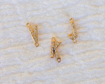 Initial letter connector charm, pave all white cubic zirconia, gold plated permanent jewelry connector charms, letter connector, CN49 GOLD