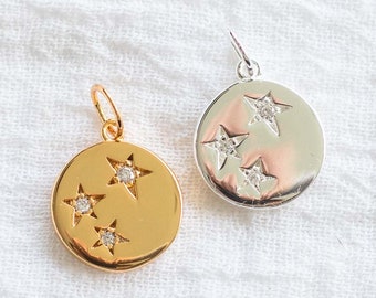 Triple star disc charm, all white cubic zirconia, .925 sterling star disc pendant, 18k gold plated star disc pendant, CH80