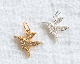 Hummingbird charm, all white cubic zirconia, .925 sterling hummingbird charm pendant, 18k gold plated hummingbird charm pendant, CH83