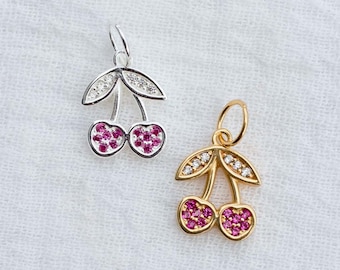Cherry charm, white cubic zirconia and synthetic conundrum ruby, .925 sterling cherry charm pendant, 18k gold plated cherry pendant, CH91