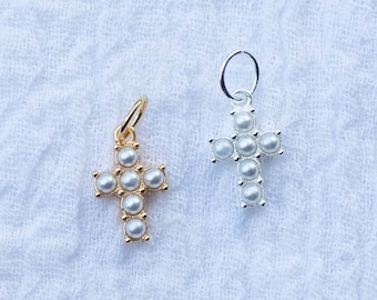 Pearl cross charm, .925 sterling pearl cross pendant, 18k gold plated pearl cross, wholesale charms, bulk charms, wholesale pendants, CH74