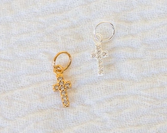 Mini pave white cubic zirconia cross charm, .925 sterling cross pendant, 18k gold plated cross pendant, cross pendant, cross charm, CH55