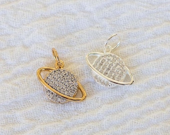 Pave cubic zirconia Saturn charm, .925 sterling Saturn pendant, 18k gold plated Saturn pendant, Saturn pendant, Saturn charm, CH56