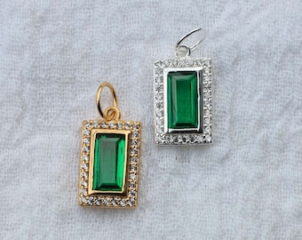 Elongated pave baguette charm, .925 sterling green pave baguette pendant, 18k gold plated green pave baguette pendant, CH64