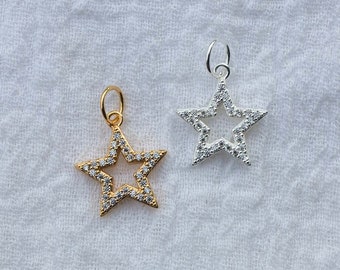 Cubic zirconia open star charm, .925 sterling open star pendant, 18k gold plated open star pendant, star pendant, star charm, CH60