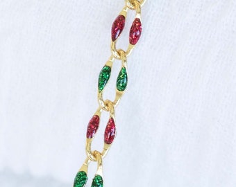 Christmas glitter red and glitter green enamel chain, traditional Christmas colors, permanent jewelry bulk enamel chain, footage chain GP136