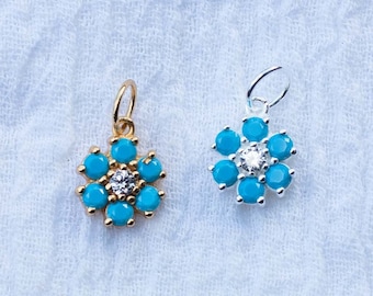 Turquoise flower charm, white cubic zirconia turquoise nano gem, .925 sterling flower pendant, 18k gold plated flower, wholesale charm, CH75