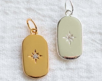 Starburst tag charm, white cubic zirconia, .925 sterling Starburst tag charm pendant, 18k gold plated Starburst tag pendant, CH84