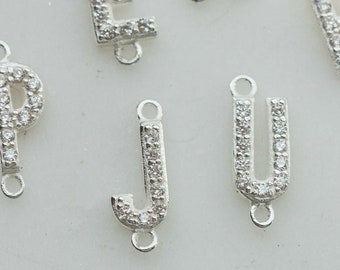 Initial connector, sterling silver, cubic zirconias, permanent jewelry connector charms, letter connector charms, CN49 SILVER