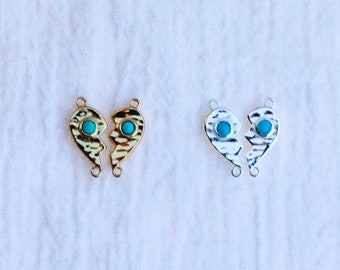 BFF hearts genuine turquoise connector charm, sterling silver, gold plated, broken hearts BFF connector, western, permanent jewelry, CN156