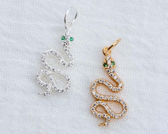 Snake charm, emerald eye nano gem pave, .925 sterling emerald snake charm pendant, 18k gold plated snake pendant, CH89