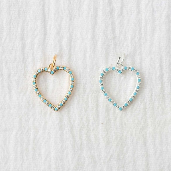 Turquoise nano gem, white cz pave open heart charm, .925 sterling heart pendant, gold plated heart pendant, heart pendant, heart charm, CH97