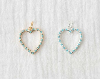 Turquoise nano gem, white cz pave open heart charm, .925 sterling heart pendant, gold plated heart pendant, heart pendant, heart charm, CH97