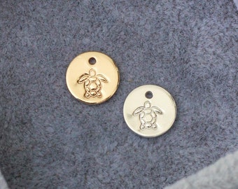 9.5mm Turtle charm, Turtle necklace pendant, bulk wholesale, turtle disc pendant bulk, gold filled, sterling silver CH265