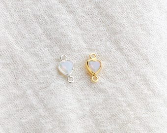 4mm white opal heart bezel connector, vertical, synthetic, silver, gold filled, imitation white opal heart, permanent jewelry, CN346