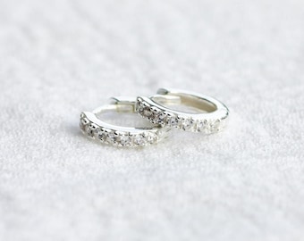 10.5mm sterling silver pave hoop earrings, white gemstone hoop earrings, pave huggie earrings, pave hoops, E47