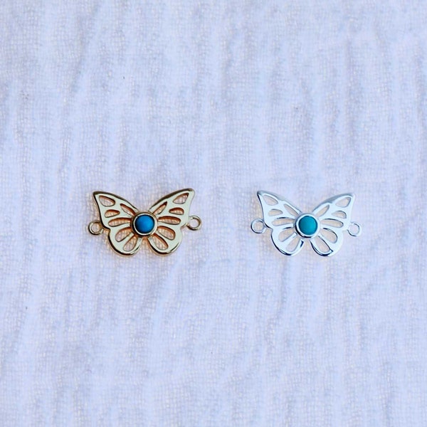 Butterfly genuine turquoise connector charm, sterling silver, gold plated, coastal cowgirl connector, western, permanent jewelry, CN154