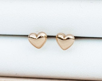 4mm gold plated dome puff heart stud earrings, heart earrings, tiny heart stud earrings, gold plated heart earrings, gold heart studs, E30