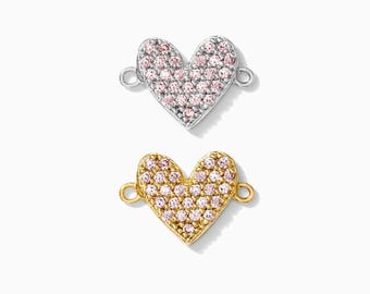 Pink CZ pave heart connector charm, sterling silver, gold plated, cubic zirconia pave bracelet connector, permanent jewelry, CN128