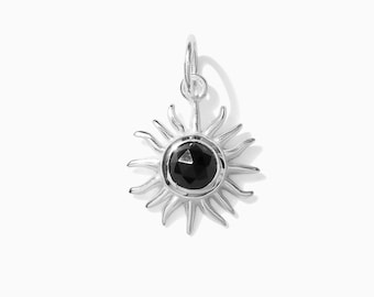 Genuine gemstone black onyx sun pendant, round faceted cabochon onyx sun pendant, .925 sterling silver sun pendant charm, CH35