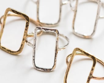 3 pack, 14k gold filled, sterling silver, open rectangle wire ring, bulk wholesale rings, hammered handmade ring, open wire ring, R13
