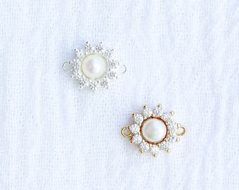 Freshwater white pearl cubic zirconia connector charm, sterling silver, gold plated, permanent jewelry, pearl connector, CN203