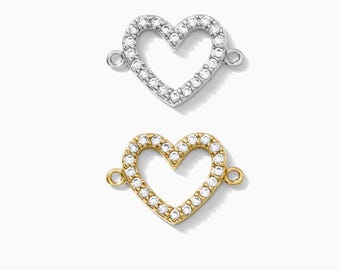 White CZ pave heart connector charm, sterling silver, gold plated, cubic zirconia pave bracelet connector, permanent jewelry, CN164