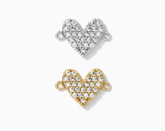 Pave heart connector charm, sterling silver, gold plated, pave bracelet connector, permanent jewelry, CN129